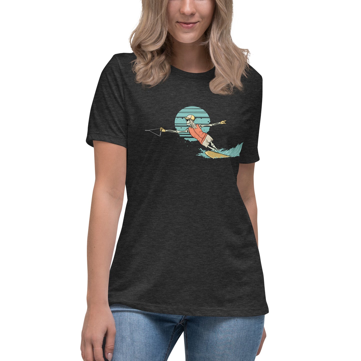 SKELLIES Women's Graphic T-shirt - Skeleton Water Skiing Cut T-shirt Print, Relaxed Fit, Casual Wear