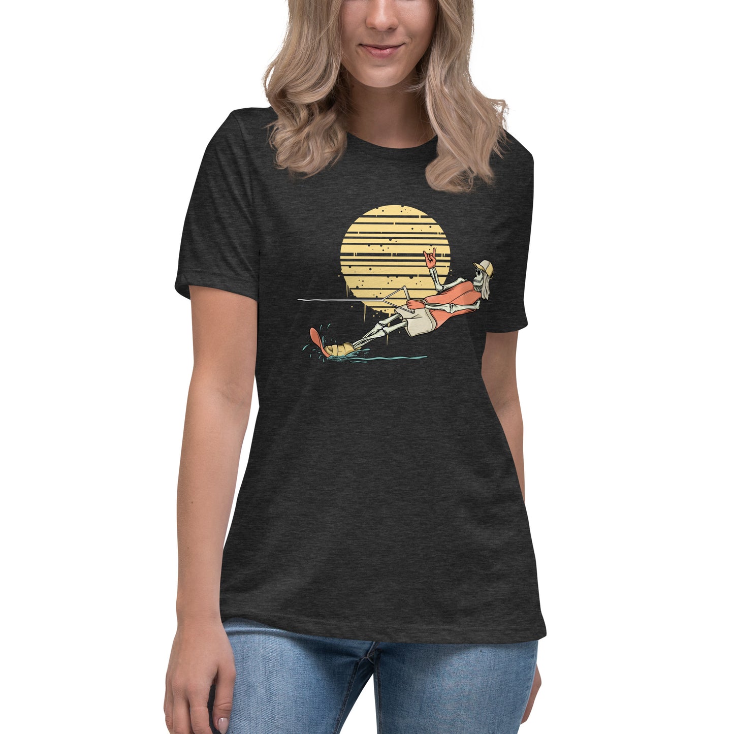 SKELLIES Women's Graphic T-shirt - Skeleton Water Skiing T-shirt Print, Relaxed Fit, Casual Wear