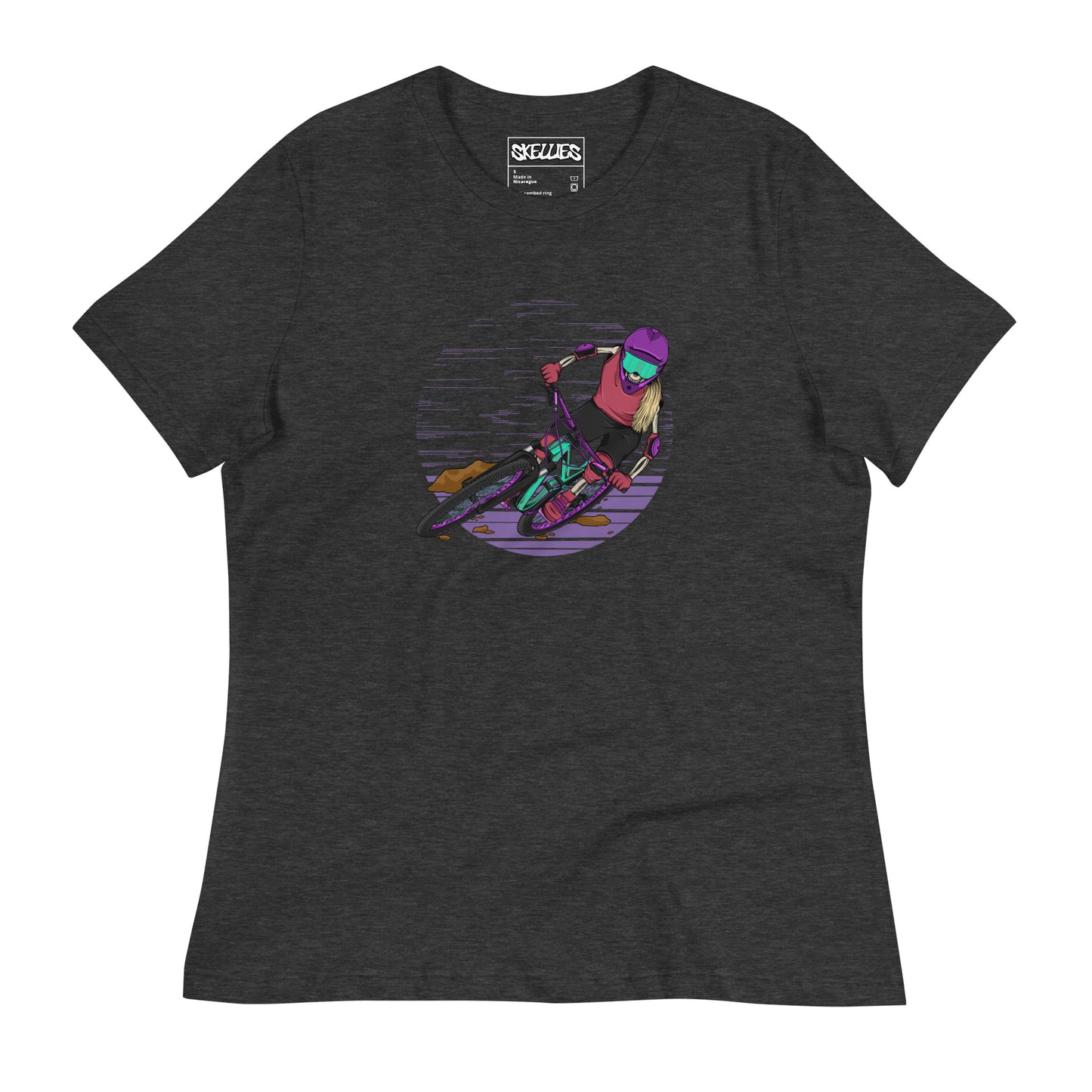 SKELLIES Women's Graphic T-shirt - Skeleton Mountain Biking T-shirt Print, Relaxed Fit, Casual Wear