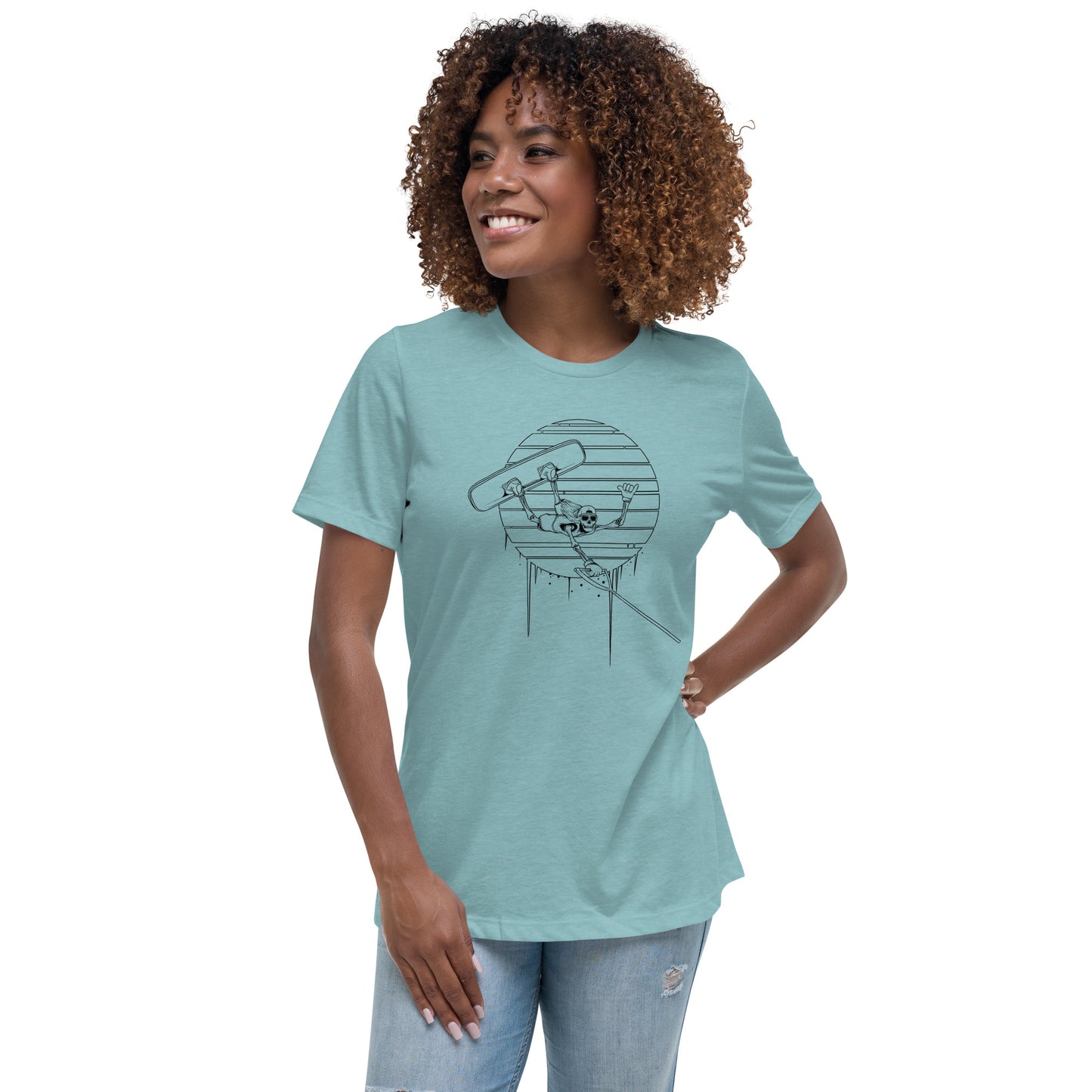 SKELLIES Women's Graphic T-shirt - Skeleton Wakeboarding T-shirt Line Print, Relaxed Fit, Casual Wear