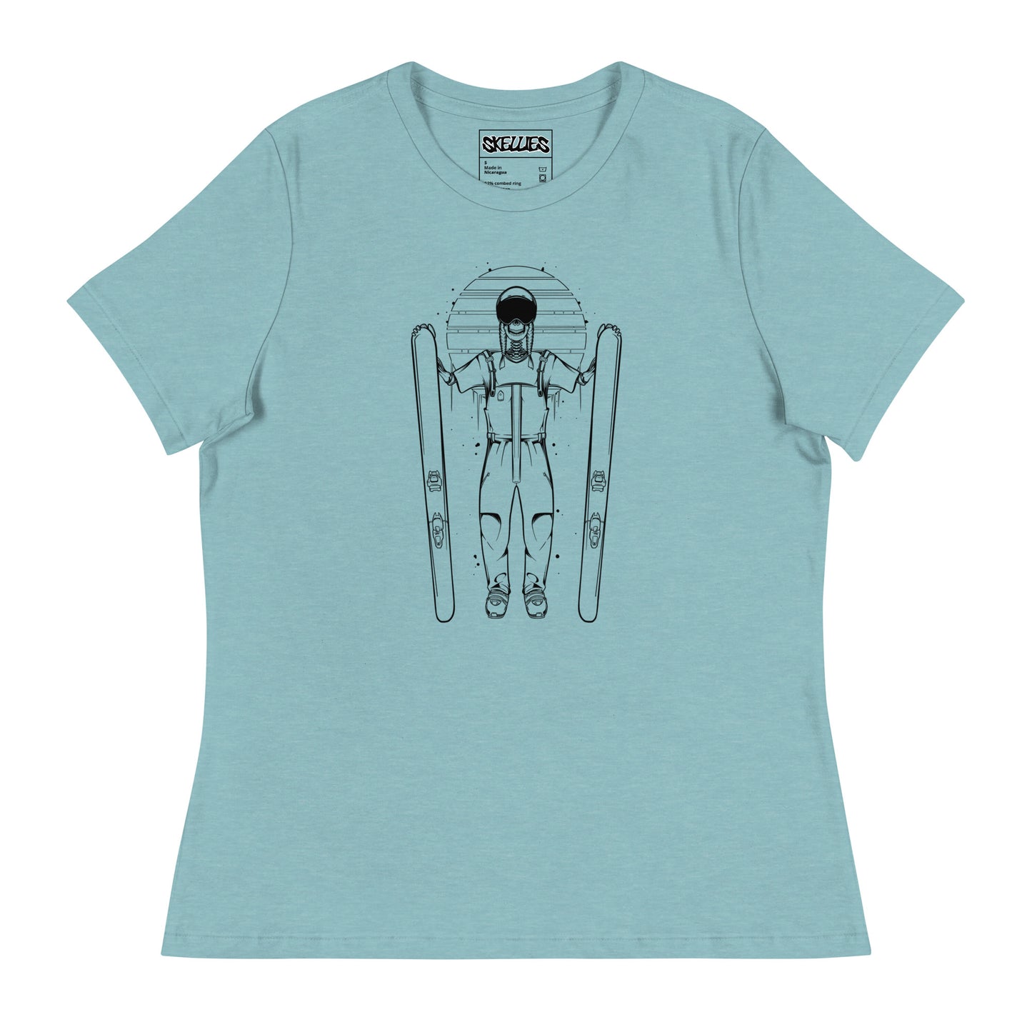 SKELLIES Women's Graphic T-shirt - Skeleton Skiing T-shirt Line Print, Relaxed Fit, Casual Wear