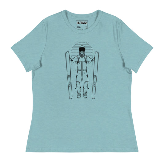 SKELLIES Women's Graphic T-shirt - Skeleton Skiing T-shirt Line Print, Relaxed Fit, Casual Wear