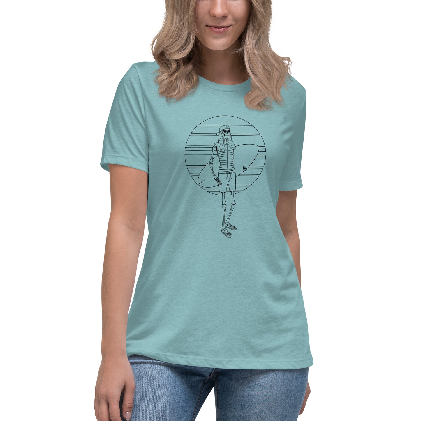 SKELLIES Women's Graphic T-shirt - Skeleton Wakesurfing T-shirt Line Print, Relaxed Fit, Casual Wear