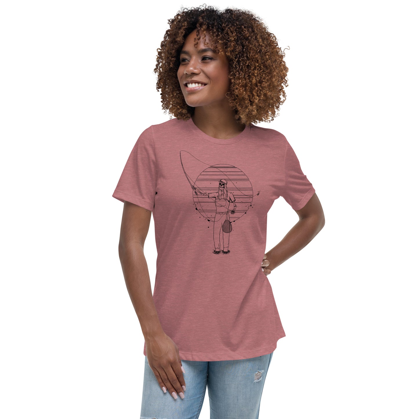 SKELLIES Women's Graphic T-shirt - Skeleton Fly Fishing T-shirt Line Print, Relaxed Fit, Casual Wear