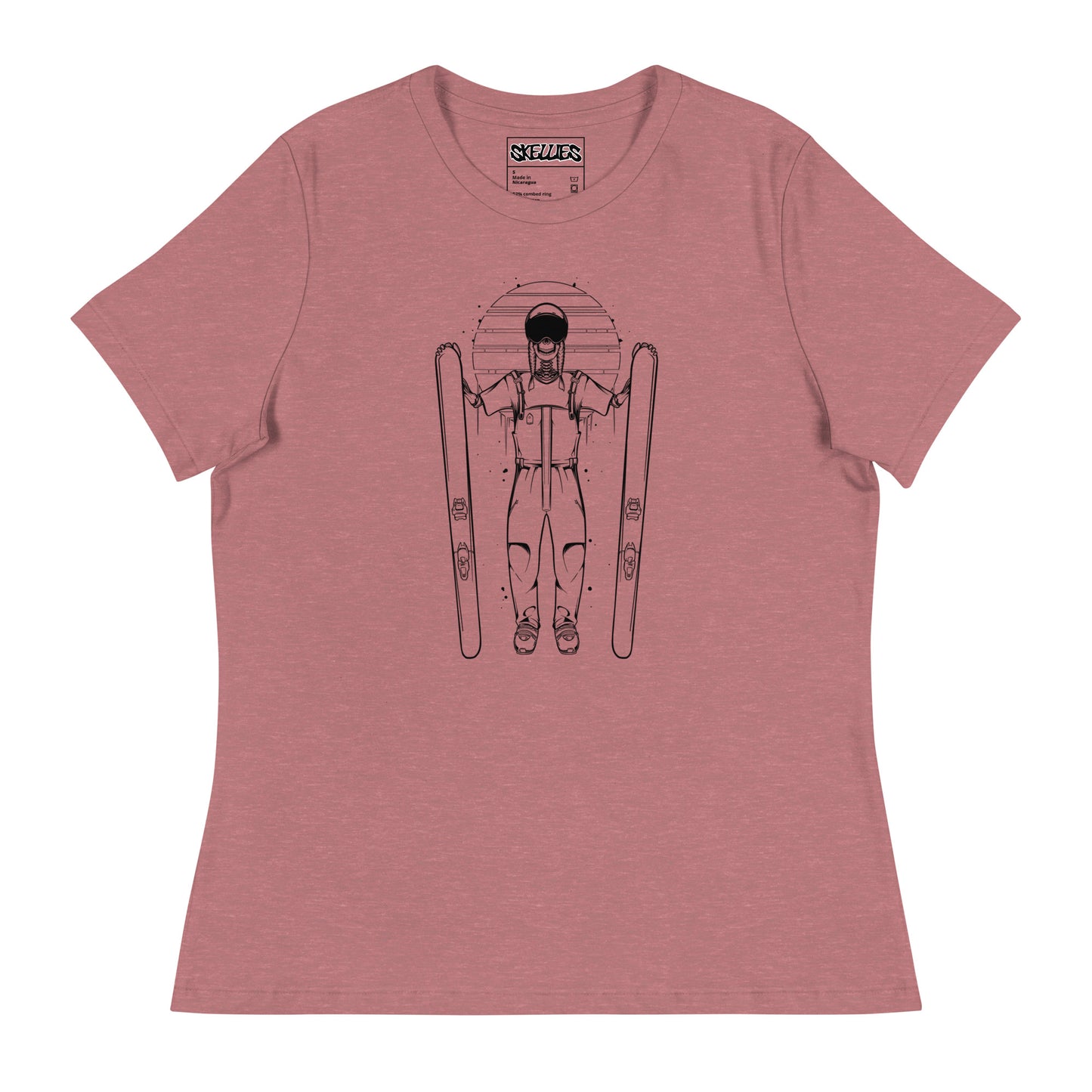 SKELLIES Women's Graphic T-shirt - Skeleton Skiing T-shirt Line Print, Relaxed Fit, Casual Wear