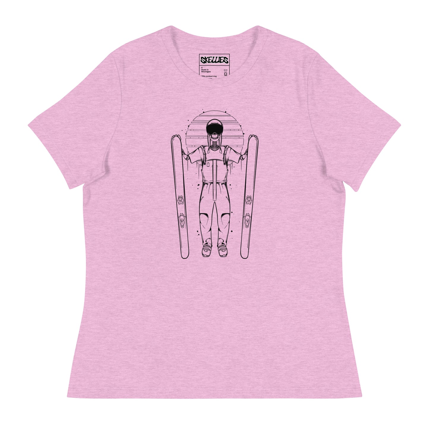 SKELLIES Women's Graphic T-shirt - Skeleton Skiing T-shirt Line Print, Relaxed Fit, Casual Wear