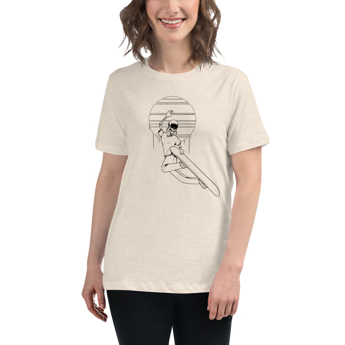 SKELLIES Women's Graphic T-shirt - Skeleton Snowboarding Grab T-shirt Line Print, Relaxed Fit, Casual Wear