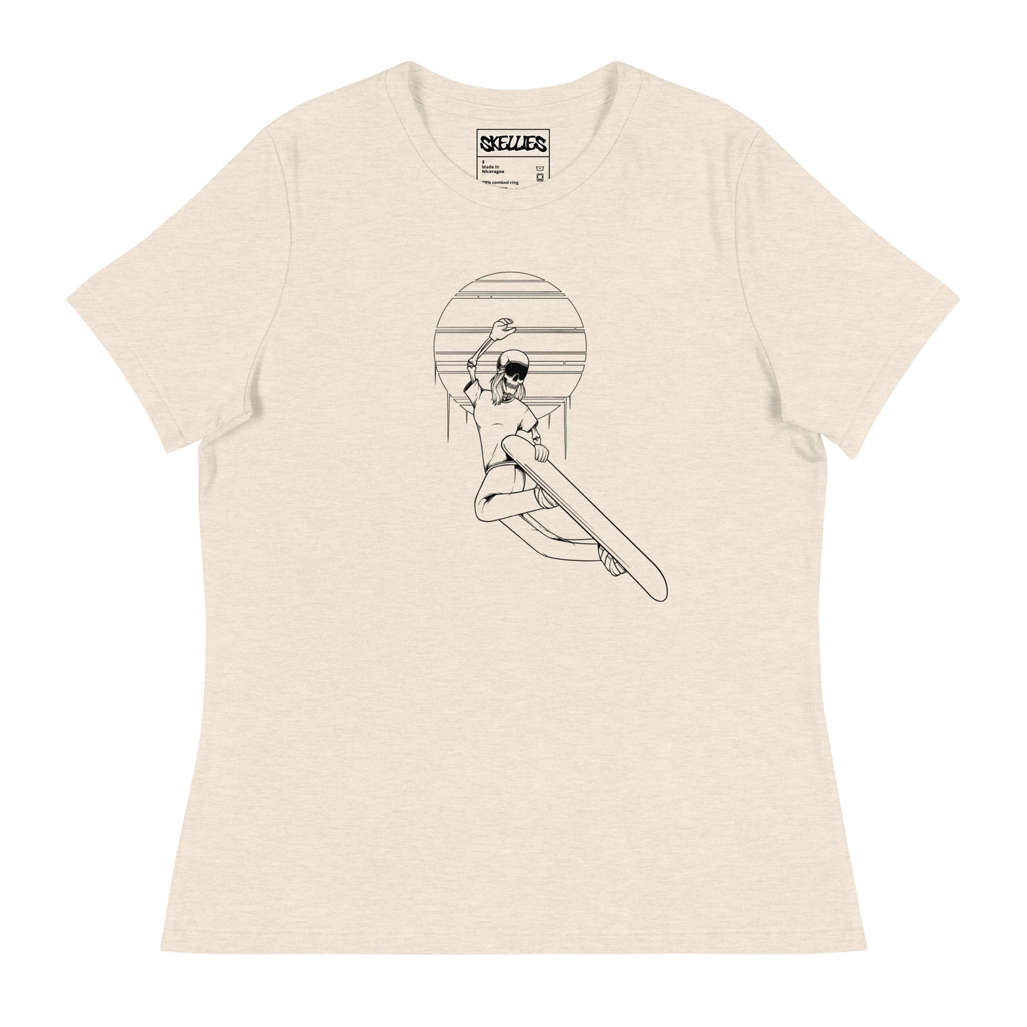 SKELLIES Women's Graphic T-shirt - Skeleton Snowboarding Grab T-shirt Line Print, Relaxed Fit, Casual Wear