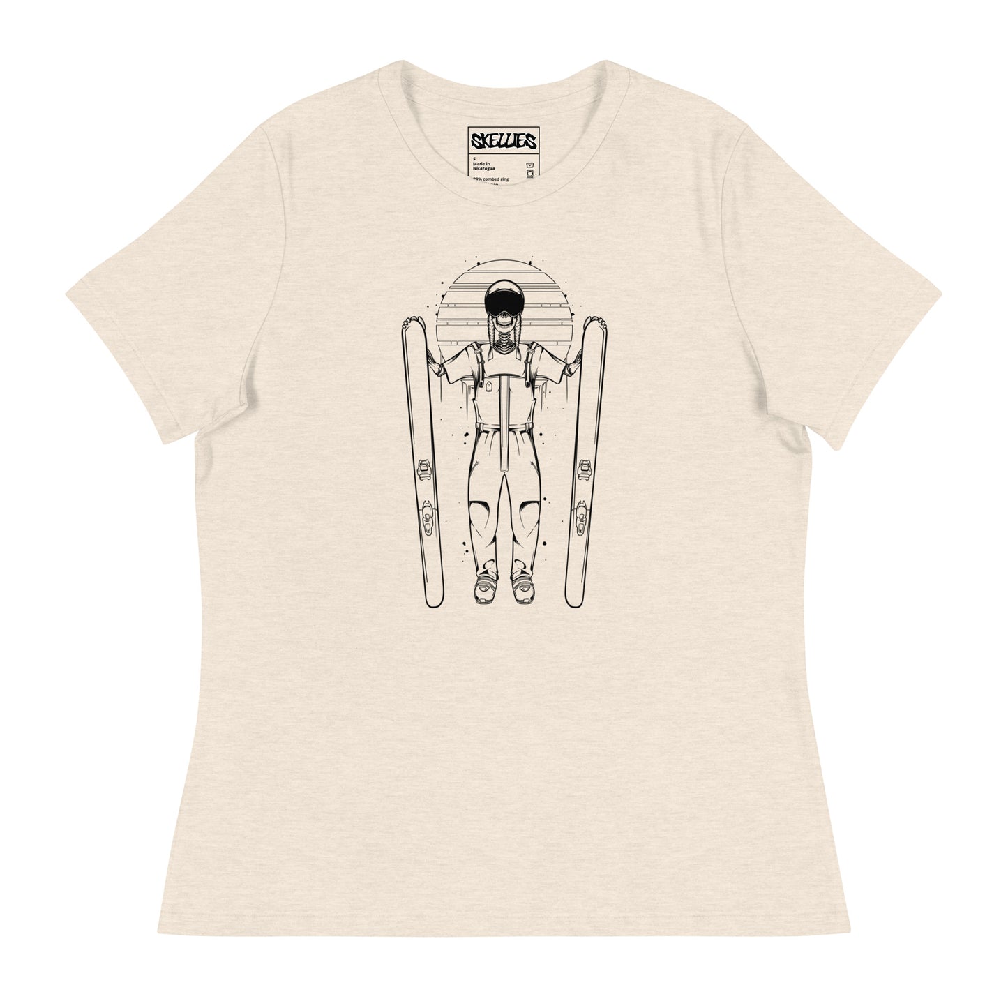 SKELLIES Women's Graphic T-shirt - Skeleton Skiing T-shirt Line Print, Relaxed Fit, Casual Wear