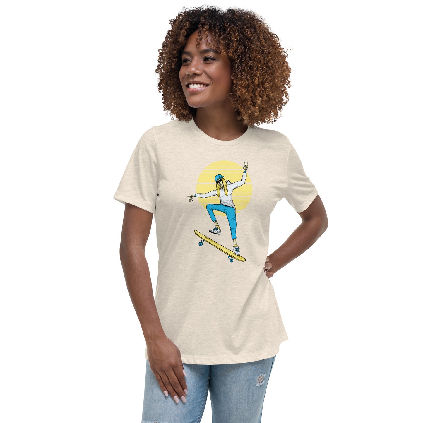 SKELLIES Women's Graphic T-shirt - Skeleton Skateboarding T-shirt Print, Relaxed Fit, Casual Wear