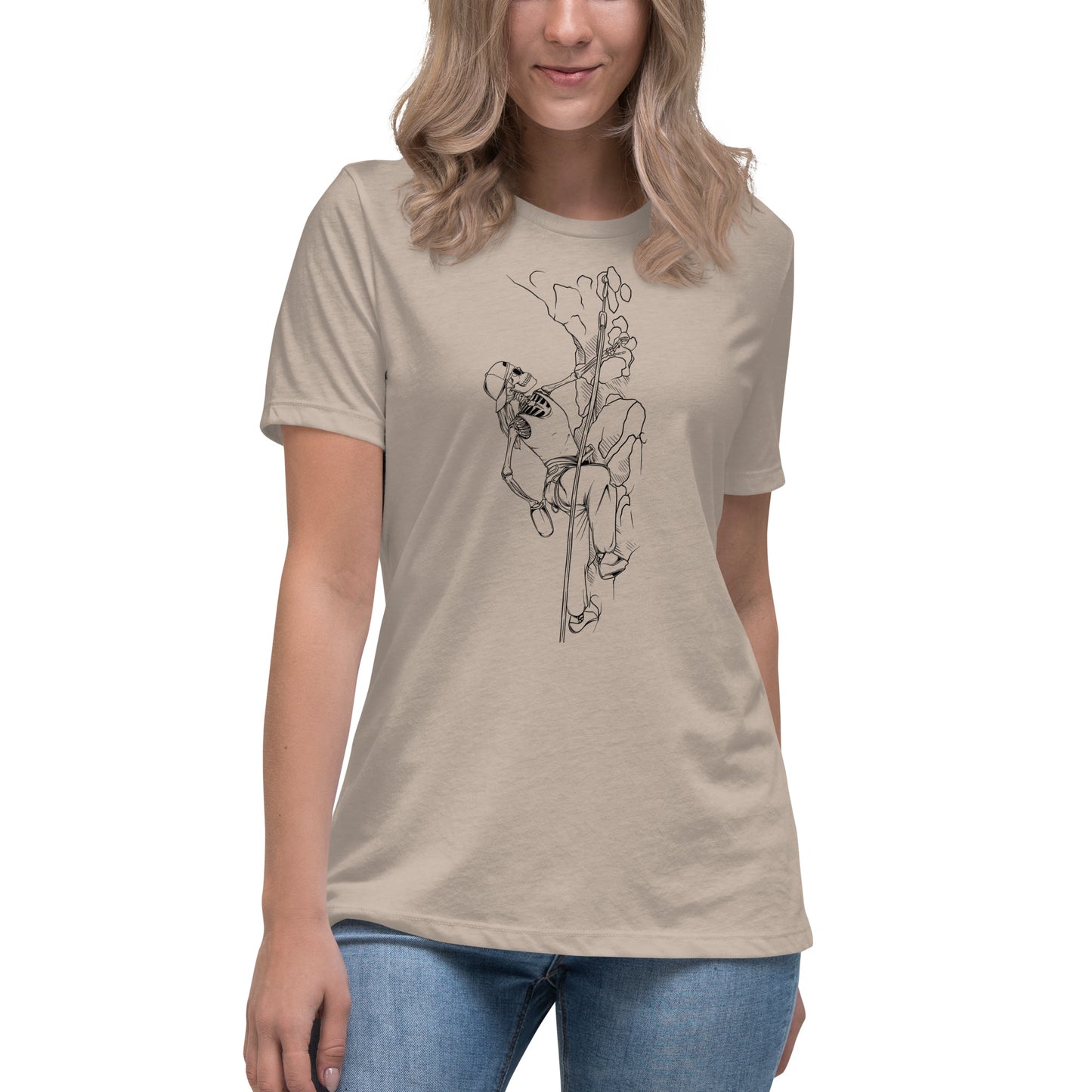 SKELLIES Women's Graphic T-shirt - Skeleton Rock Climbing T-shirt Line Print, Relaxed Fit, Casual Wear