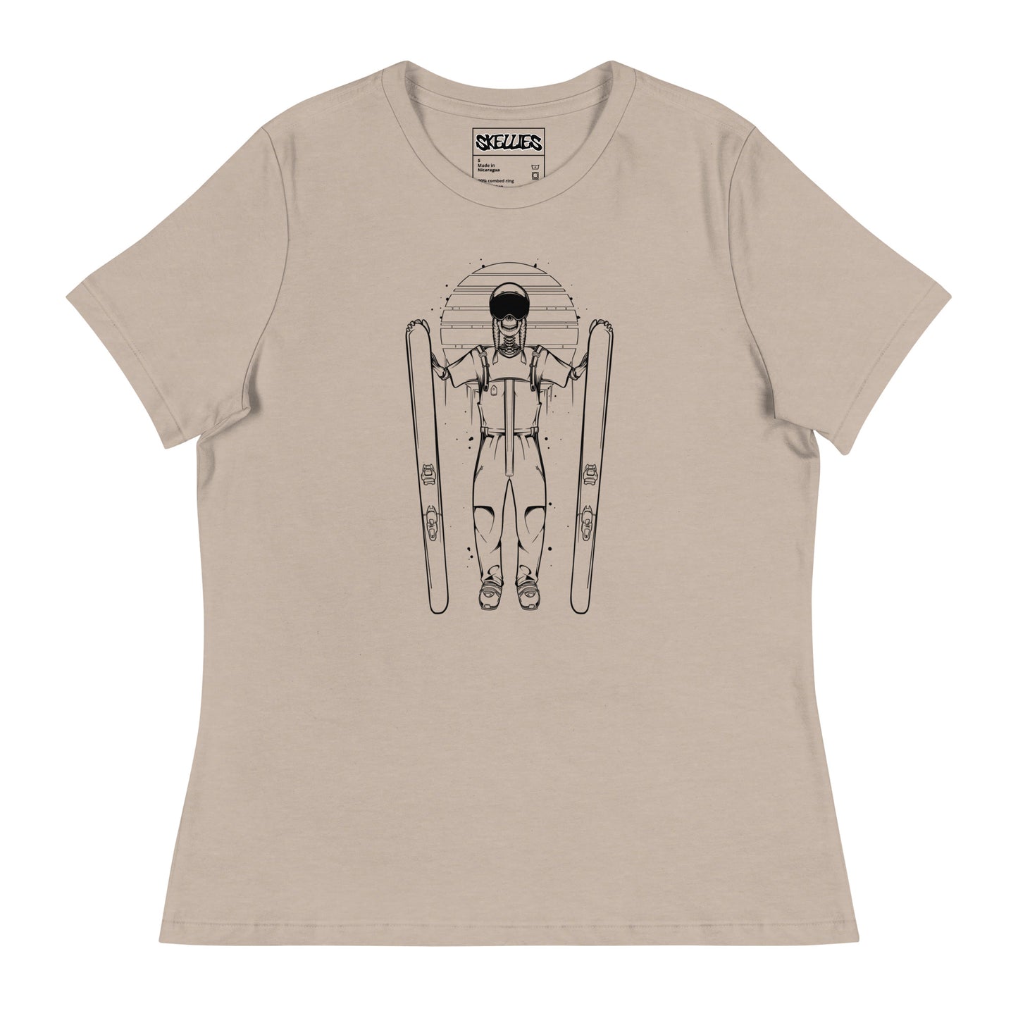 SKELLIES Women's Graphic T-shirt - Skeleton Skiing T-shirt Line Print, Relaxed Fit, Casual Wear