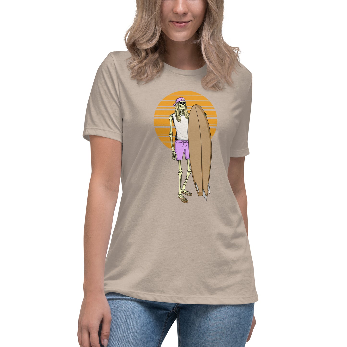 SKELLIES Women's Graphic T-shirt - Skeleton Surfing T-shirt Print, Relaxed Fit, Casual Wear