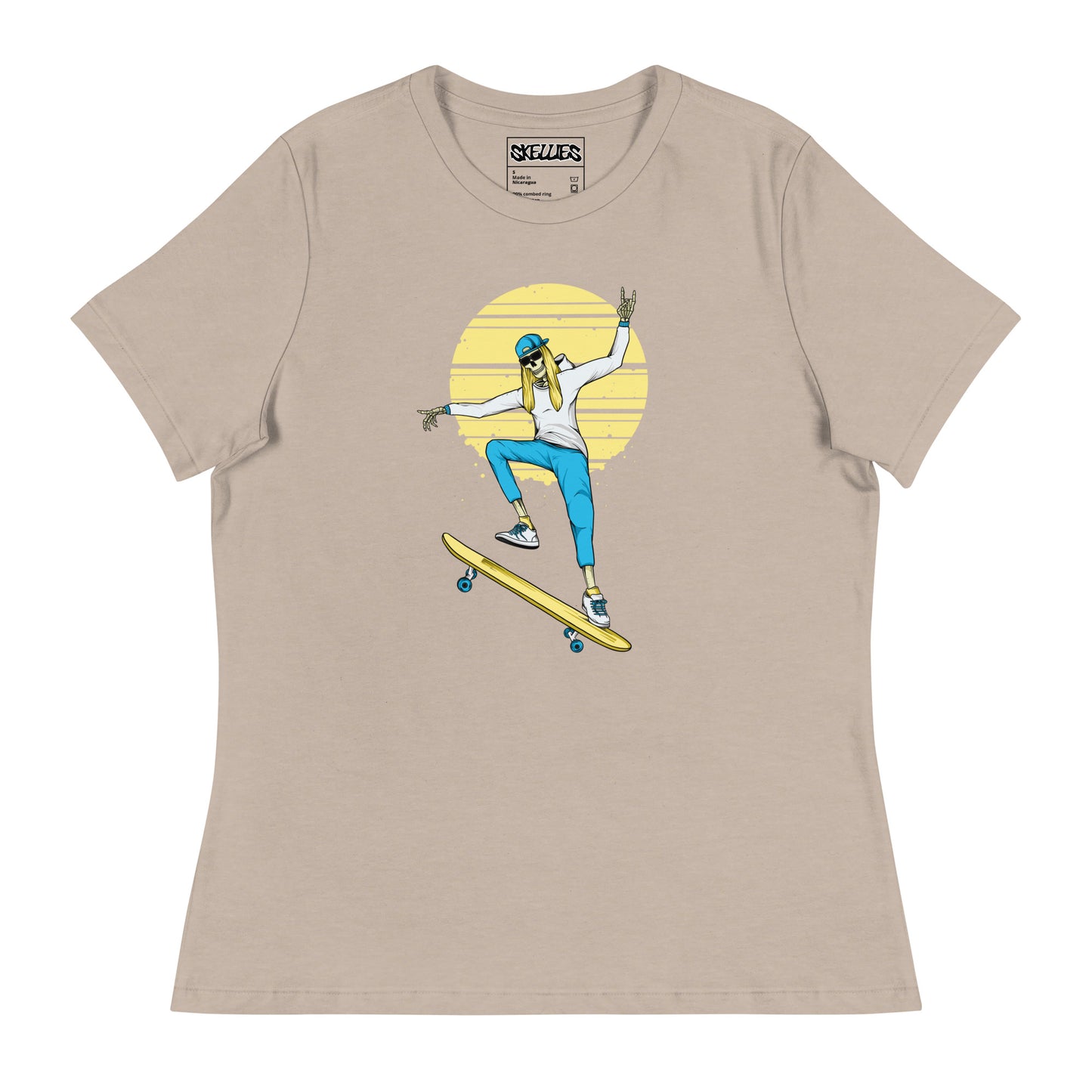 SKELLIES Women's Graphic T-shirt - Skeleton Skateboarding T-shirt Print, Relaxed Fit, Casual Wear