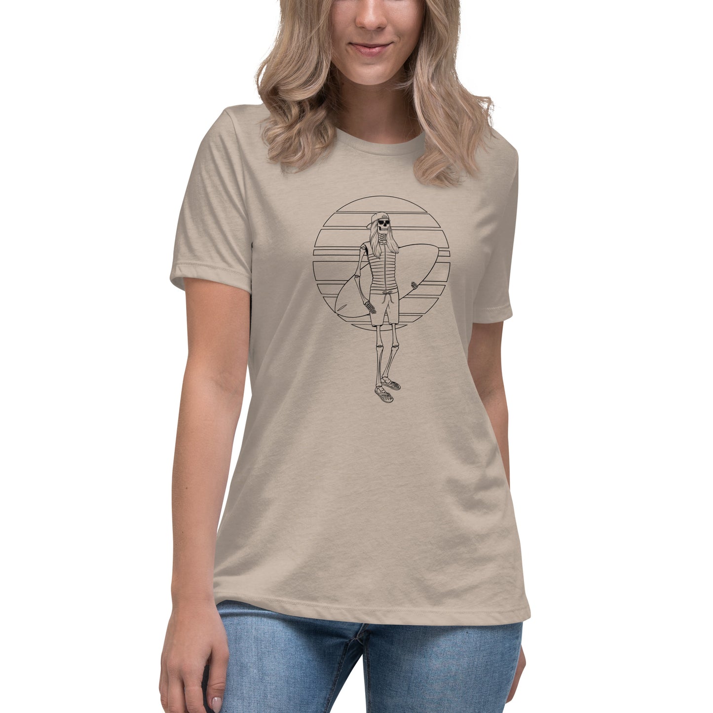 SKELLIES Women's Graphic T-shirt - Skeleton Wakesurfing T-shirt Line Print, Relaxed Fit, Casual Wear