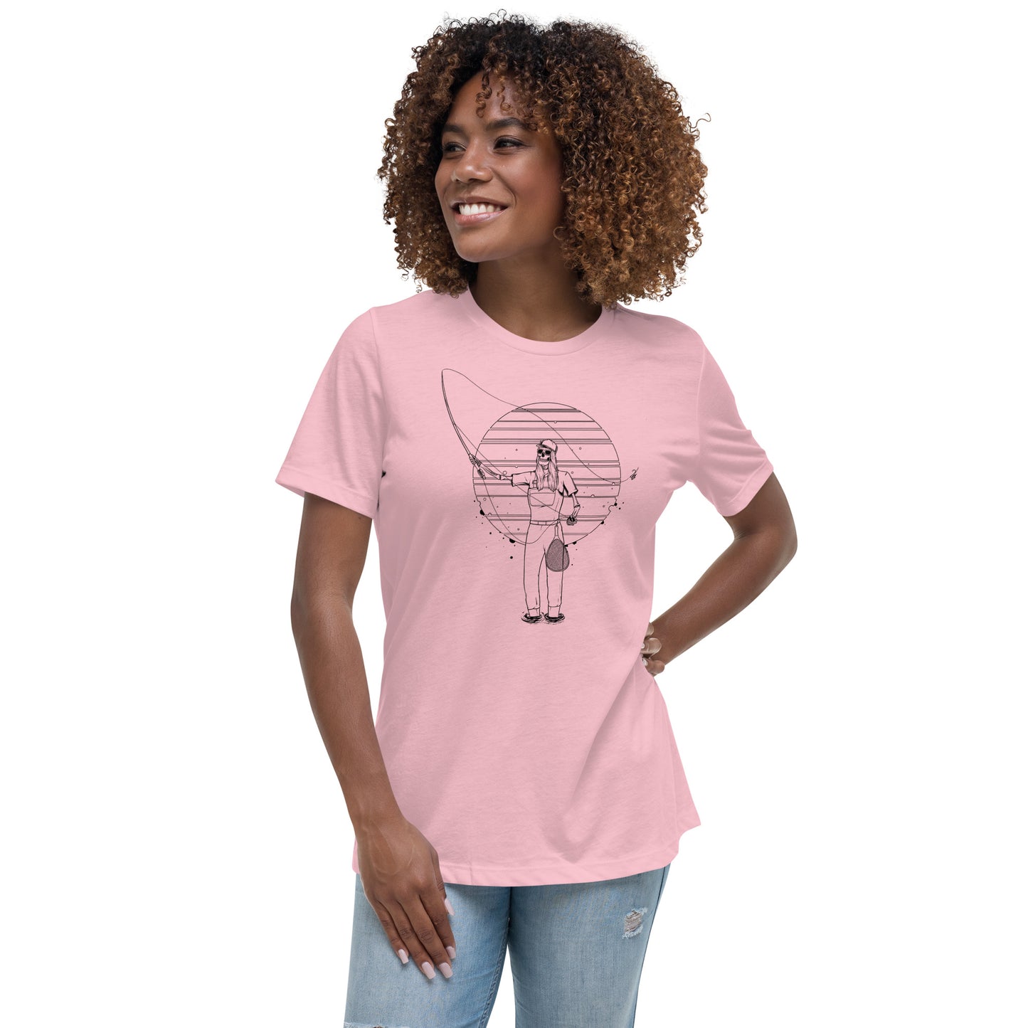 SKELLIES Women's Graphic T-shirt - Skeleton Fly Fishing T-shirt Line Print, Relaxed Fit, Casual Wear