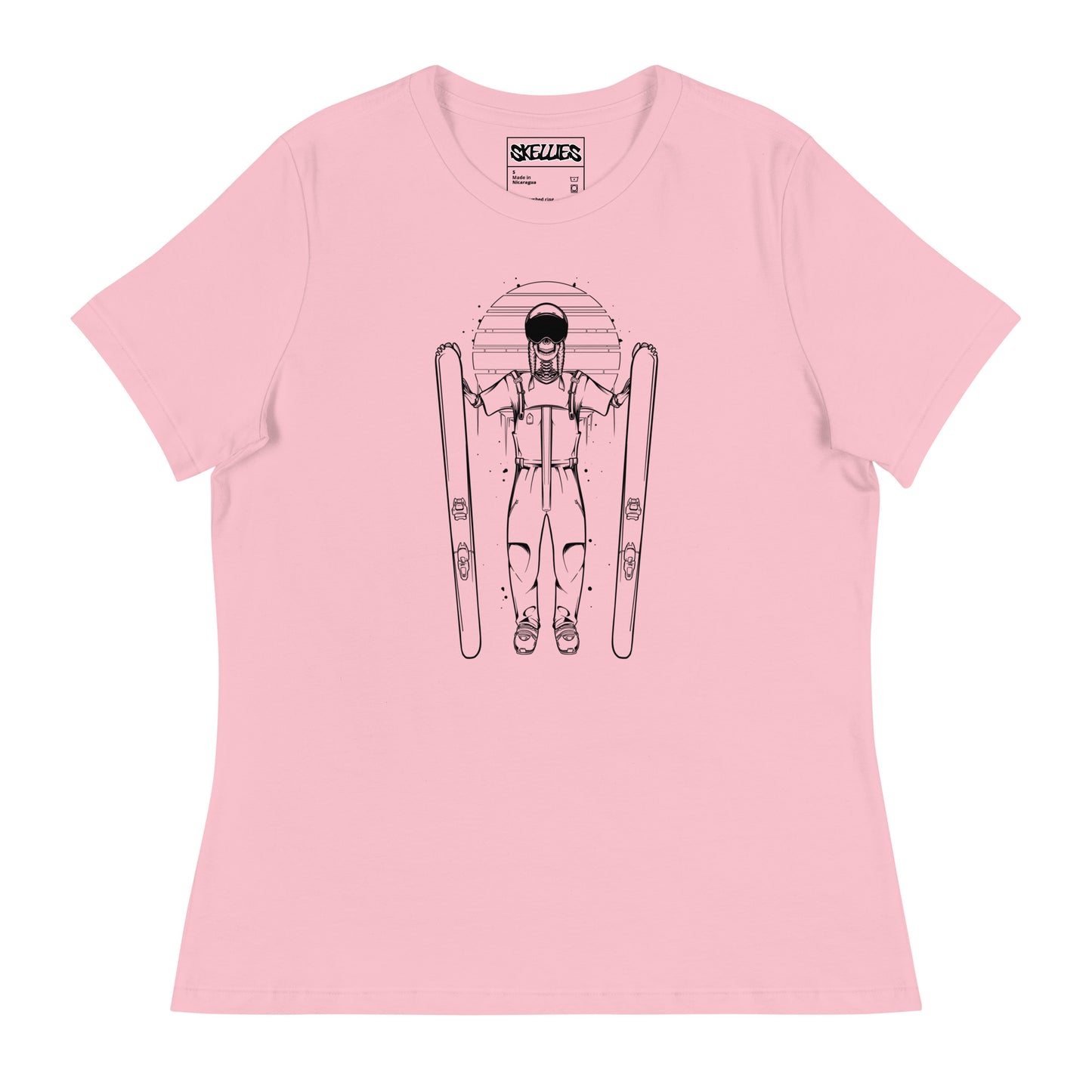 SKELLIES Women's Graphic T-shirt - Skeleton Skiing T-shirt Line Print, Relaxed Fit, Casual Wear