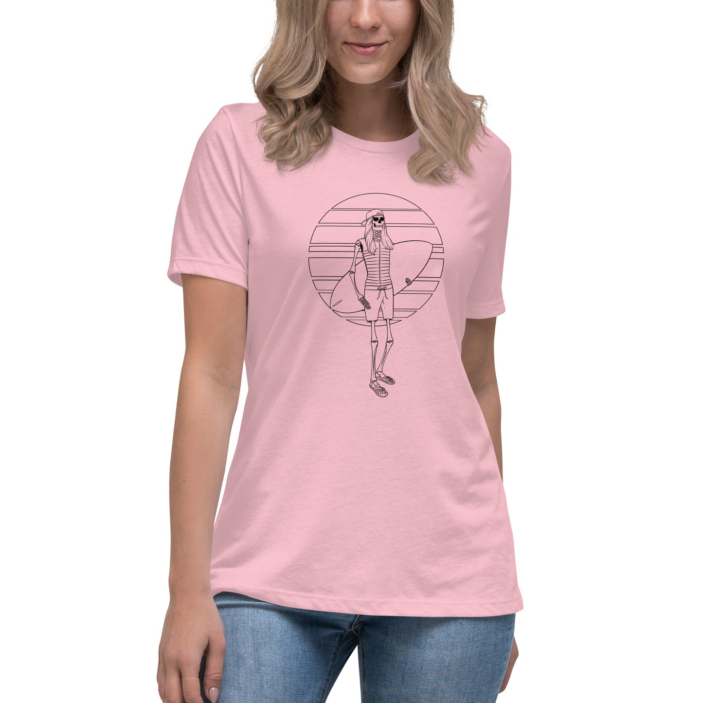 SKELLIES Women's Graphic T-shirt - Skeleton Wakesurfing T-shirt Line Print, Relaxed Fit, Casual Wear