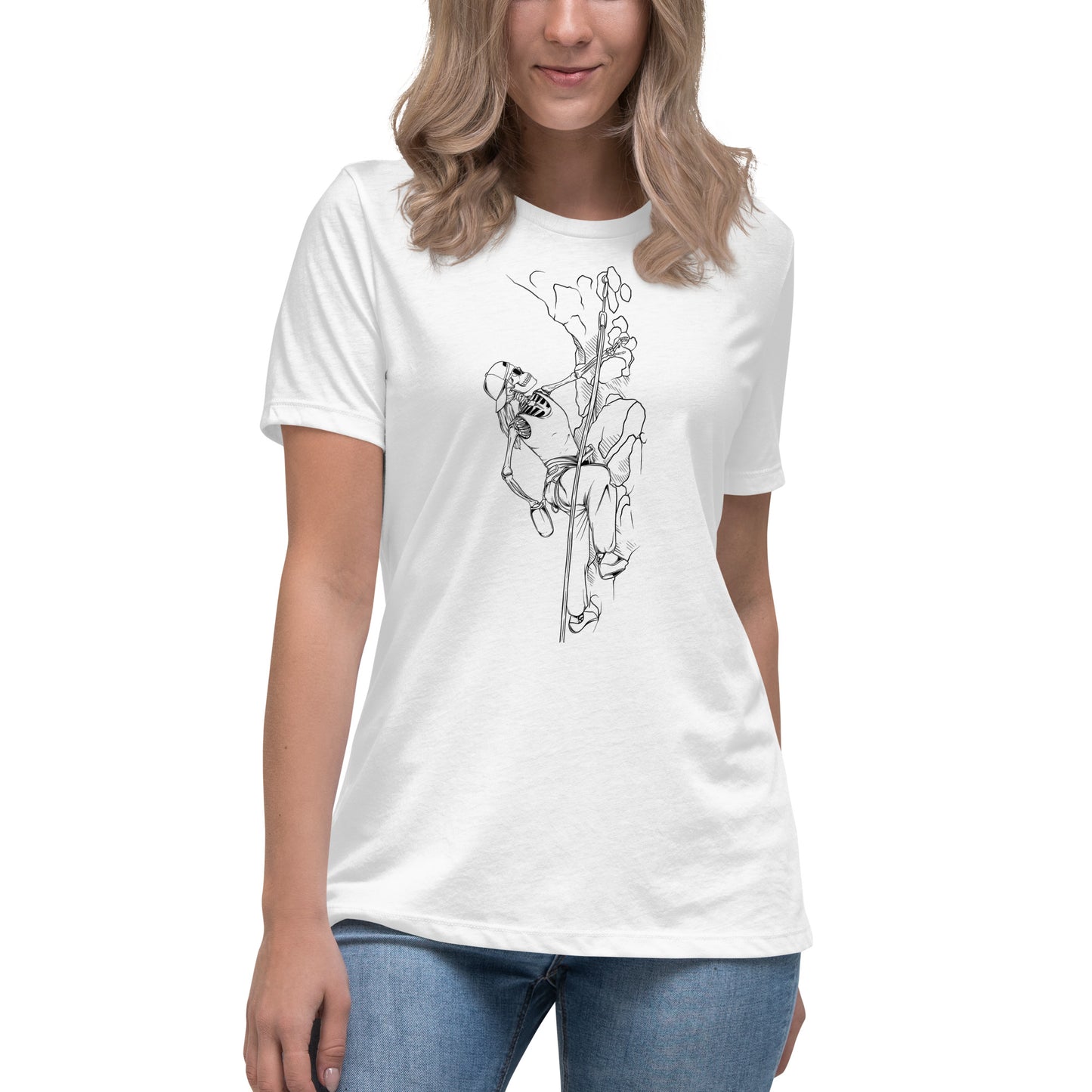 SKELLIES Women's Graphic T-shirt - Skeleton Rock Climbing T-shirt Line Print, Relaxed Fit, Casual Wear