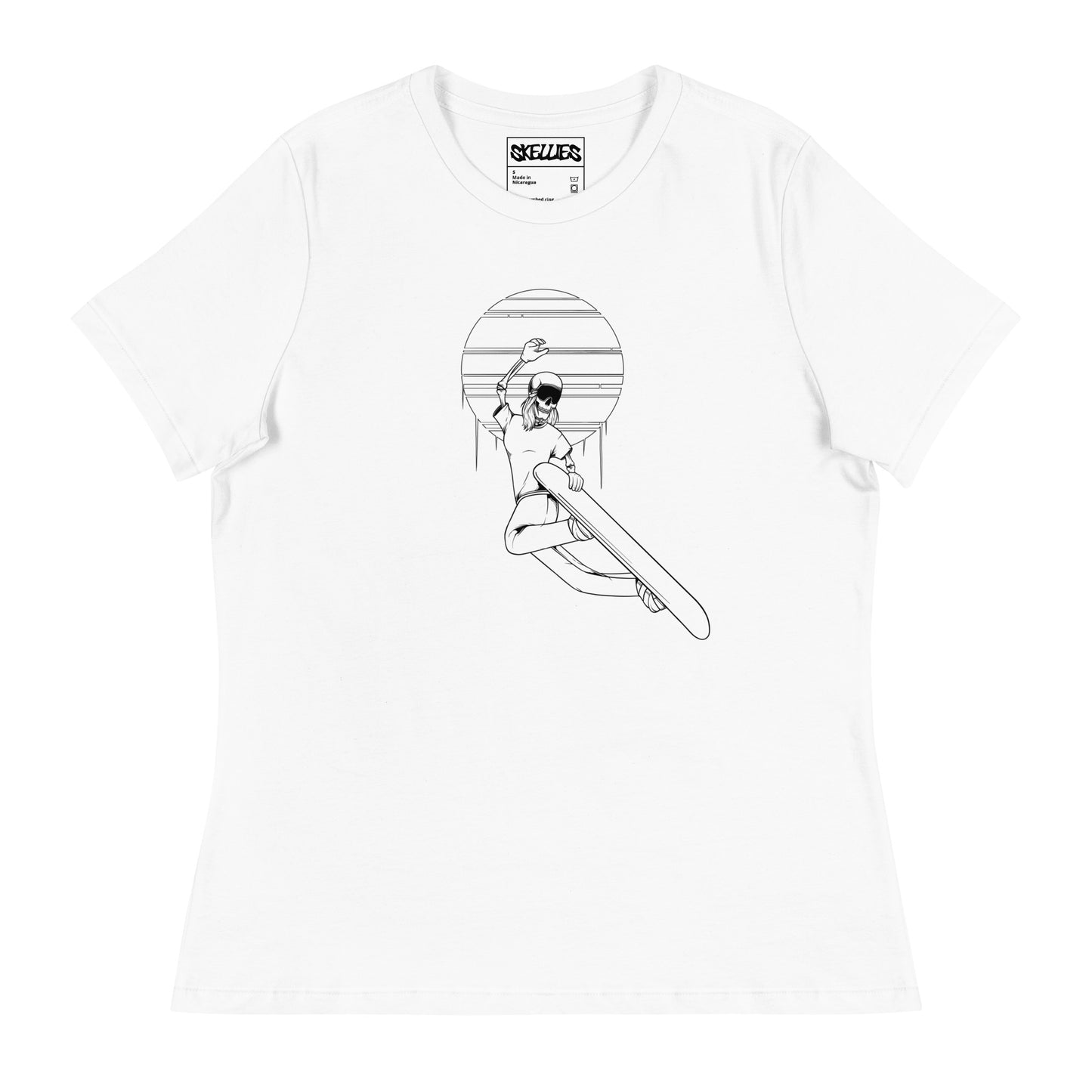 SKELLIES Women's Graphic T-shirt - Skeleton Snowboarding Grab T-shirt Line Print, Relaxed Fit, Casual Wear