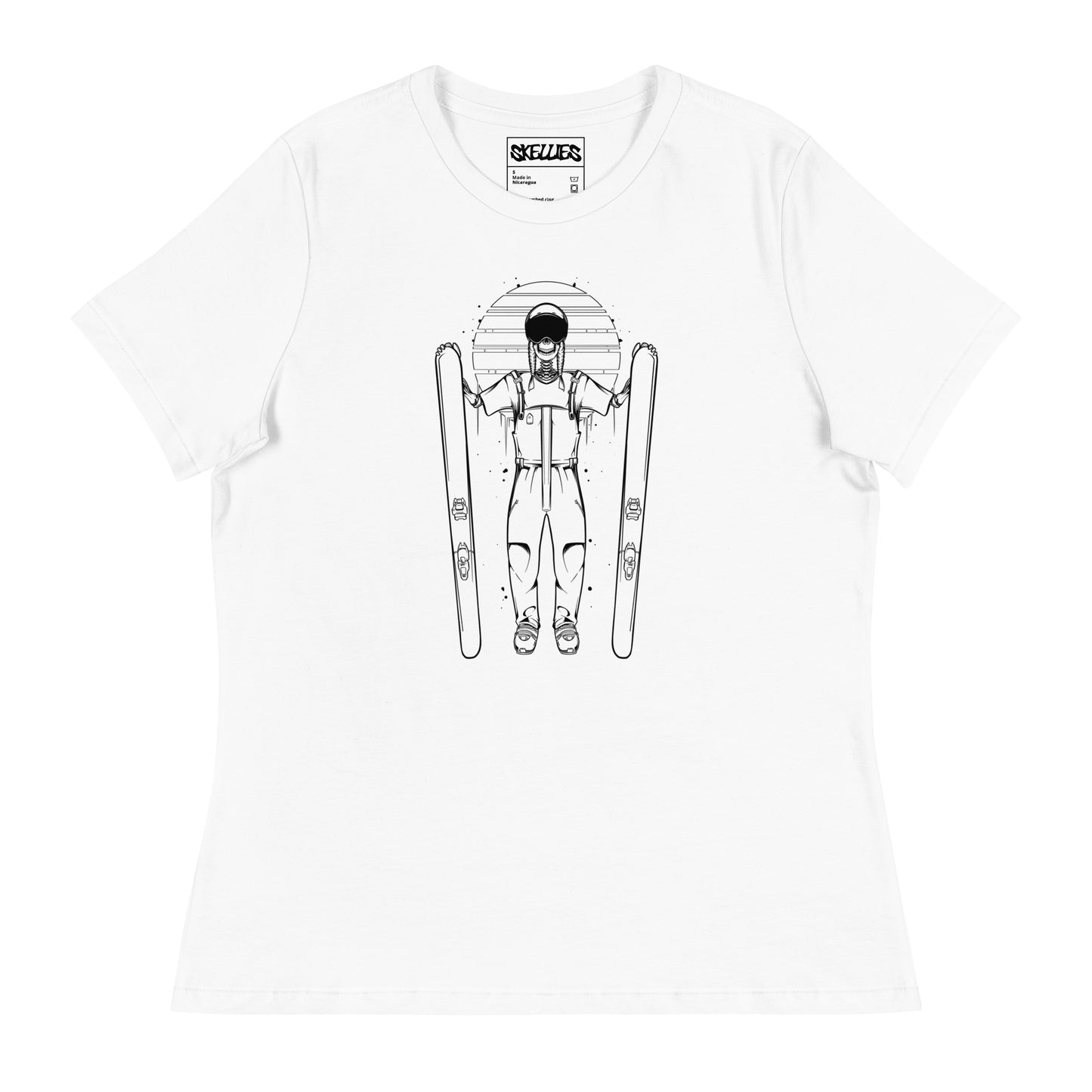 SKELLIES Women's Graphic T-shirt - Skeleton Skiing T-shirt Line Print, Relaxed Fit, Casual Wear