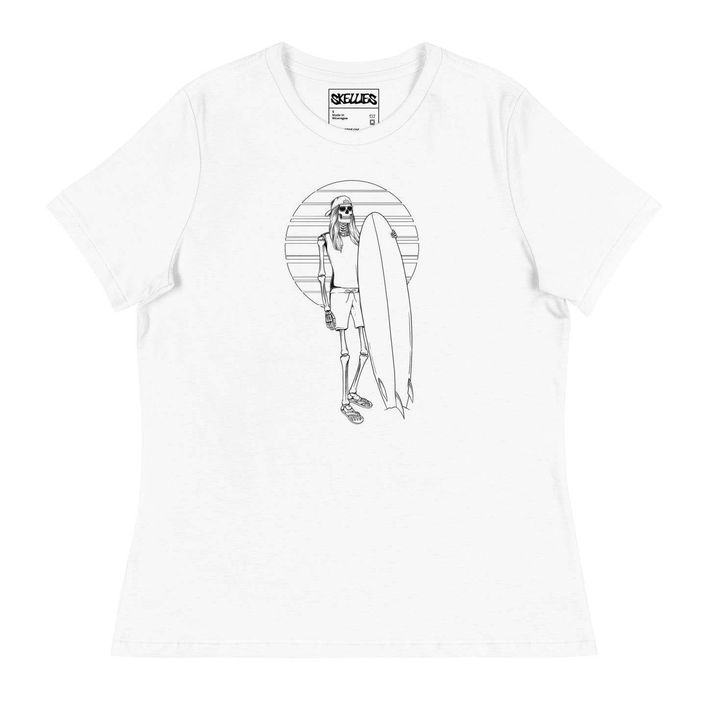 SKELLIES Women's Graphic T-shirt - Skeleton Surfing T-shirt Line Print, Relaxed Fit, Casual Wear