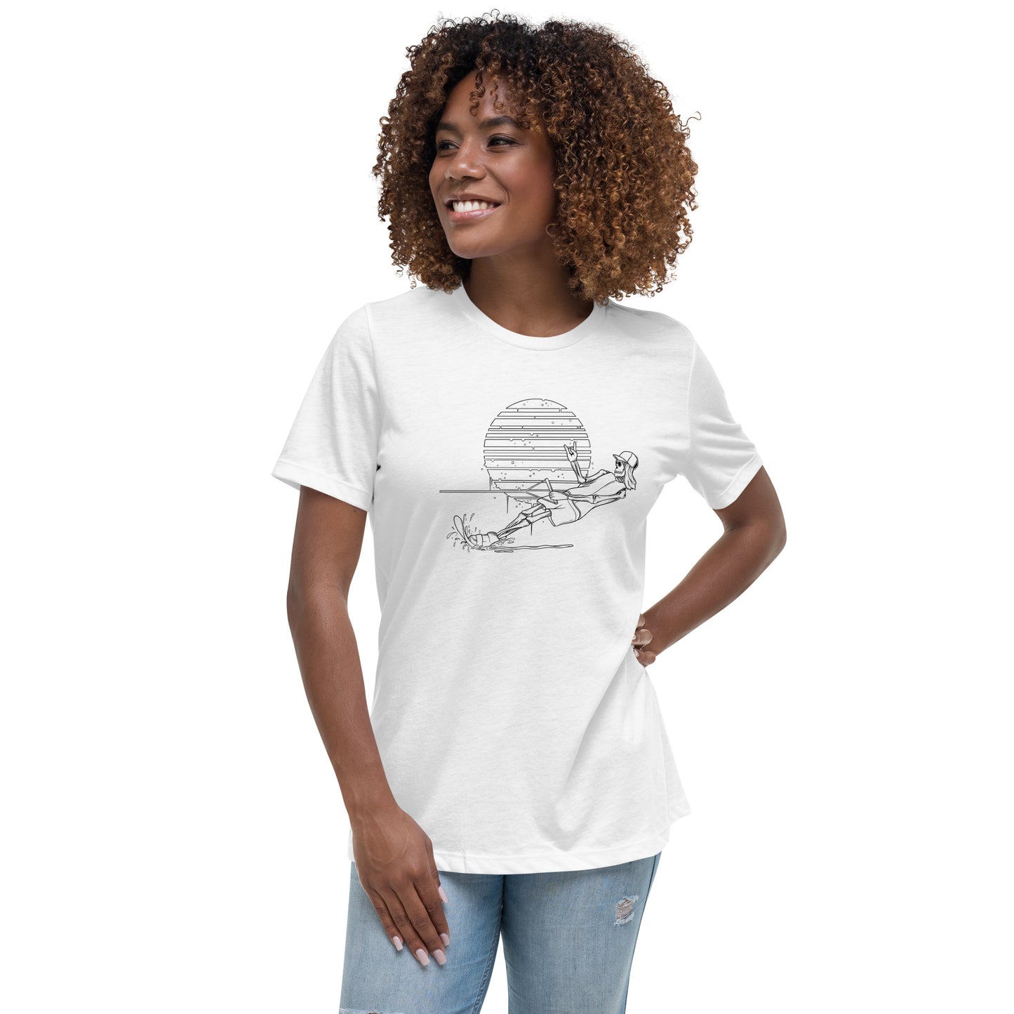 SKELLIES Women's Graphic T-shirt - Skeleton Water Skiing T-shirt Line Print, Relaxed Fit, Casual Wear