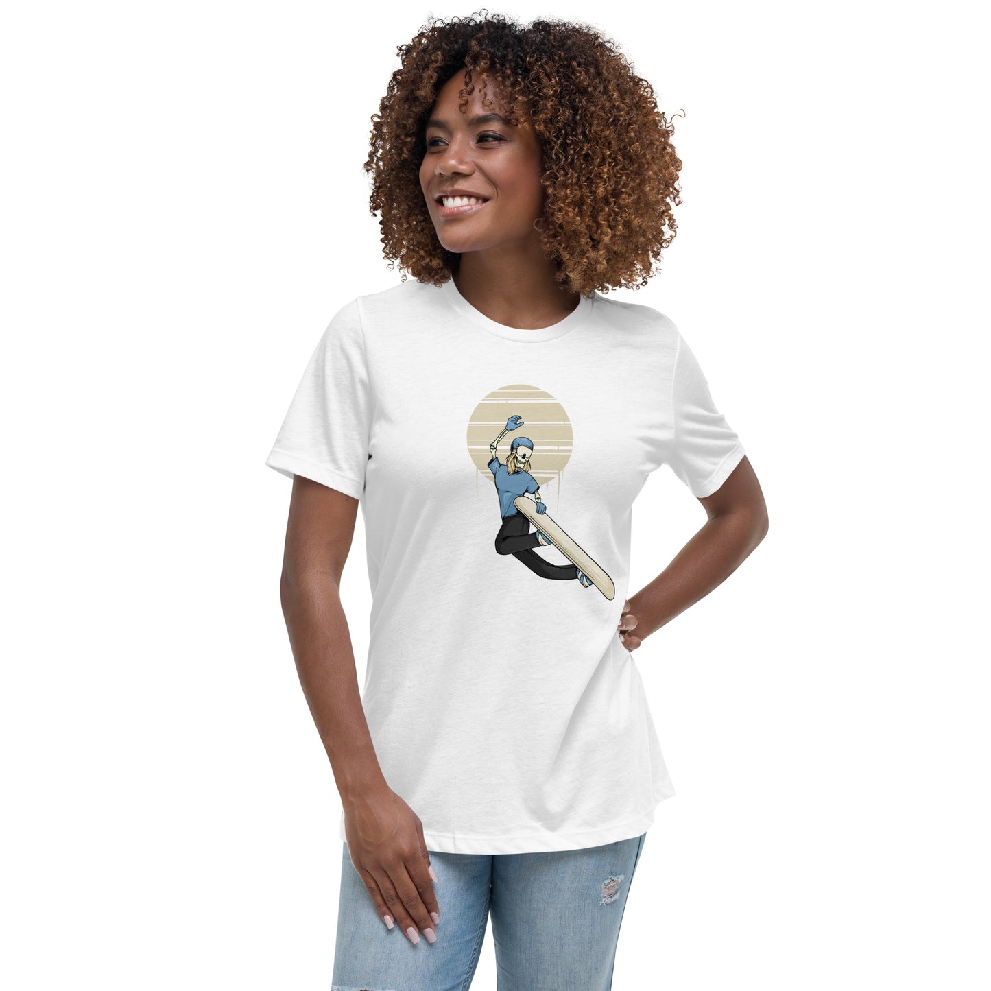 SKELLIES Women's Graphic T-shirt - Skeleton Snowboarding Grab T-shirt Print, Relaxed Fit, Casual Wear