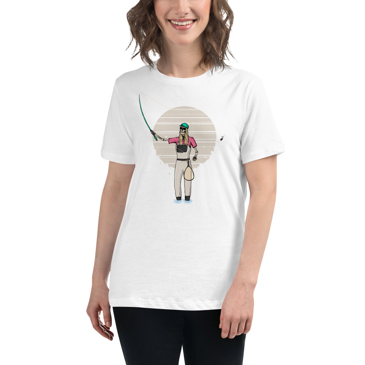 SKELLIES Women's Graphic T-shirt - Skeleton Fly Fishing T-shirt Print, Relaxed Fit, Casual Wear