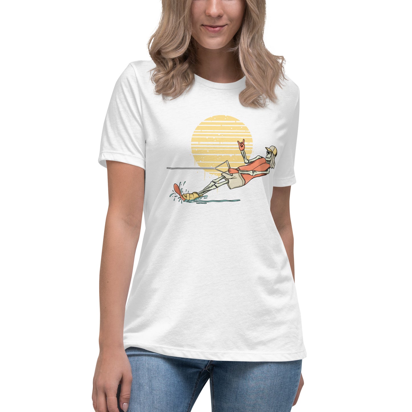 SKELLIES Women's Graphic T-shirt - Skeleton Water Skiing T-shirt Print, Relaxed Fit, Casual Wear